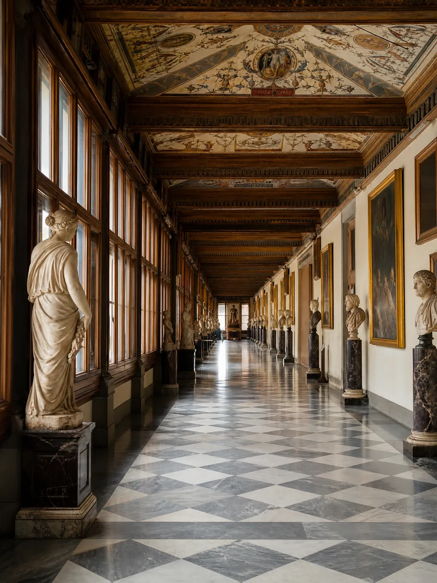 Der lange Korridor der Galerie mit Büsten und antiken Statuen und der verzierten Decke
